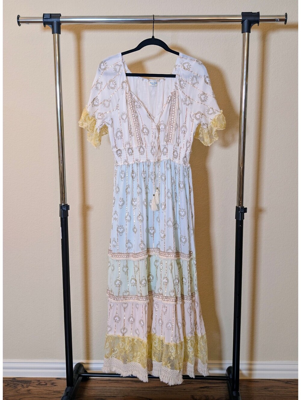 Bohemian Pastel Maxi Dress Gold Stripe Embellished Empire Smocked Waist Lace OS